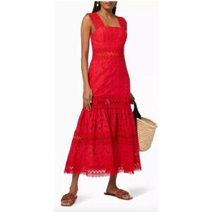 Waimari Sireneuse Broderie Anglaise Cotton Midi Dress Red Size Medium